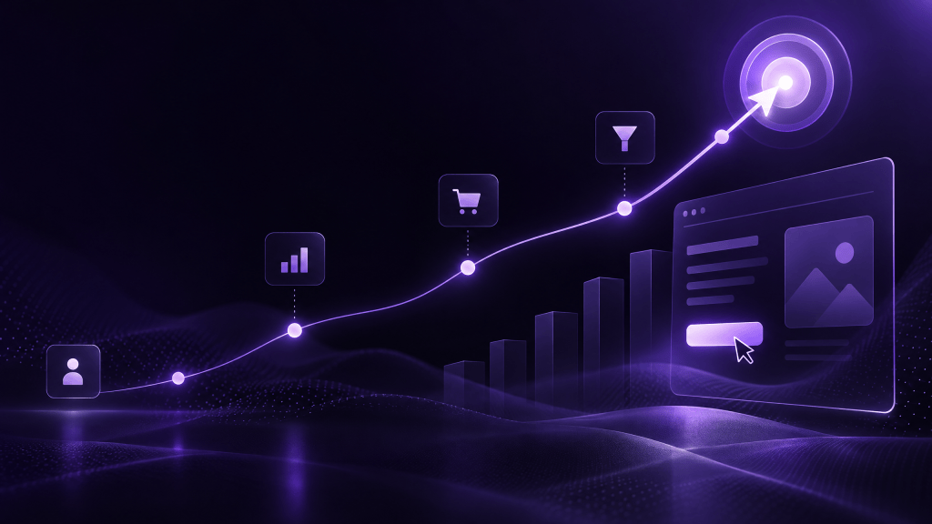Ilustração abstrata em tons de roxo mostrando uma rota ascendente de dados e elementos de conversão digital